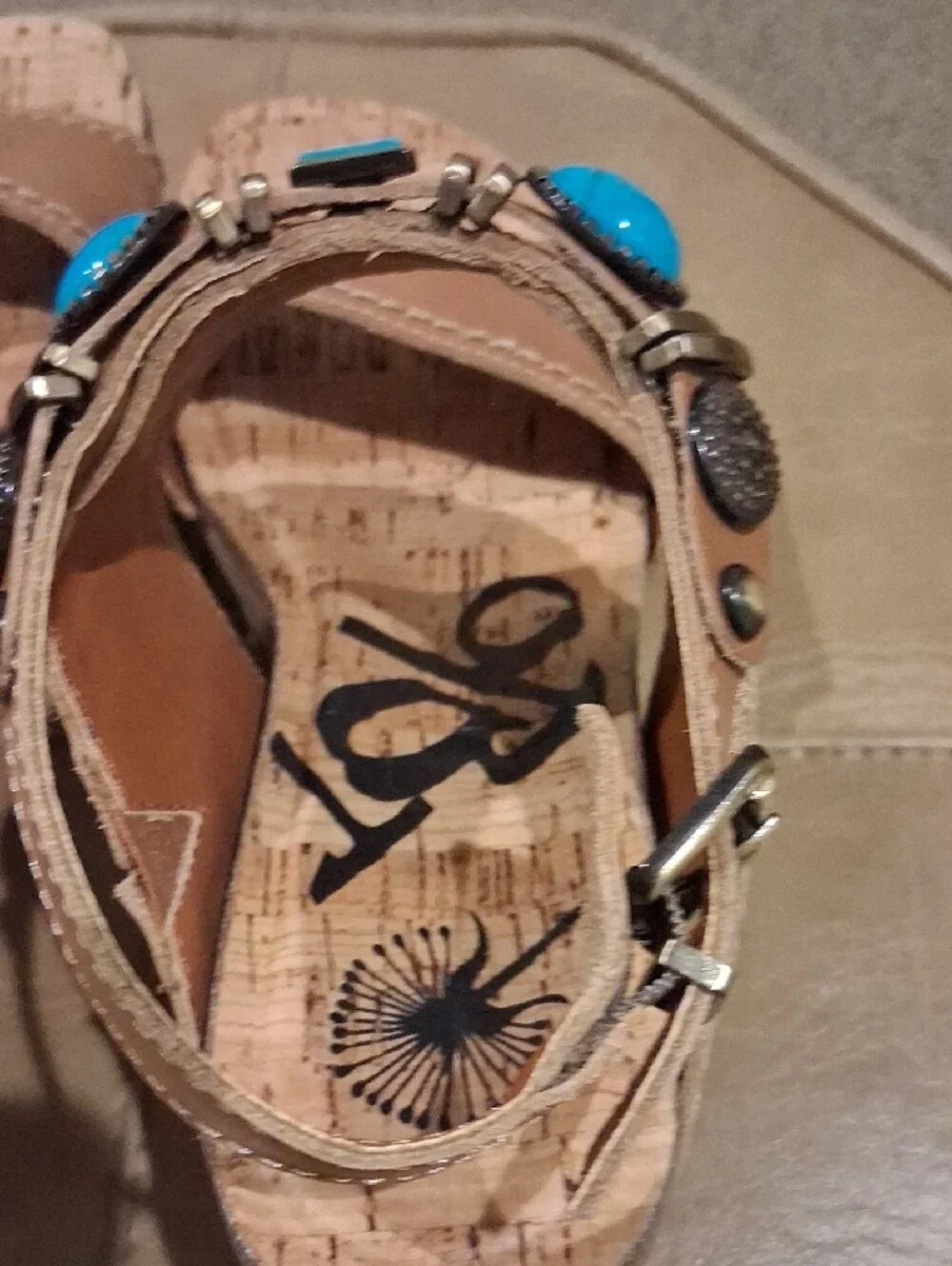 OTBT Wedge Sandals with Turquoise Accents - Tan